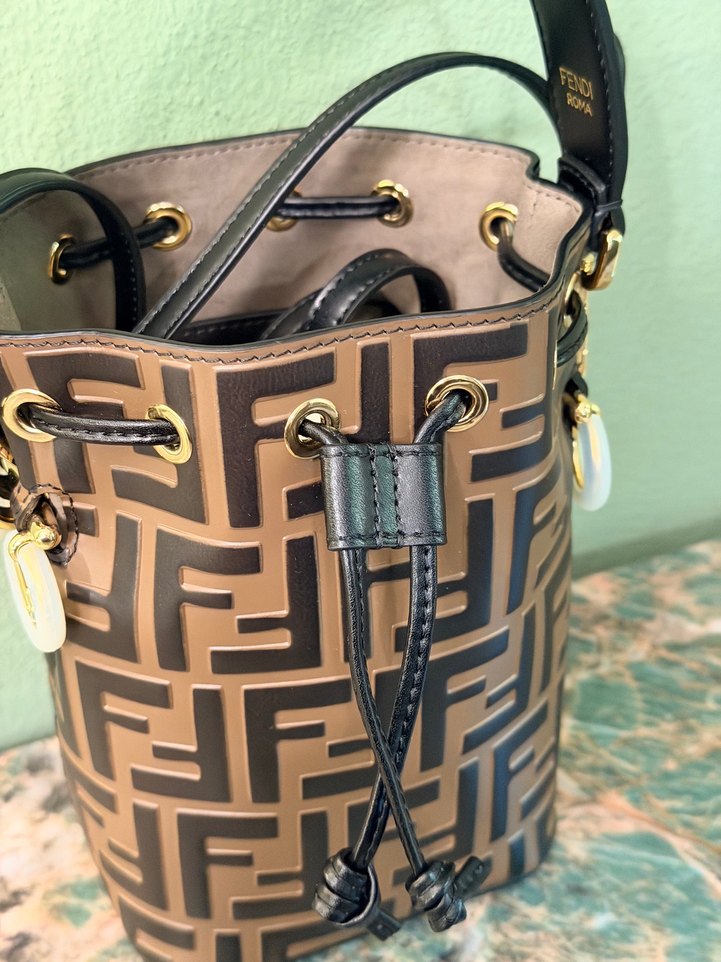 FENDI LEATHER MONOGRAM MON TRESOR BUCKET BAG