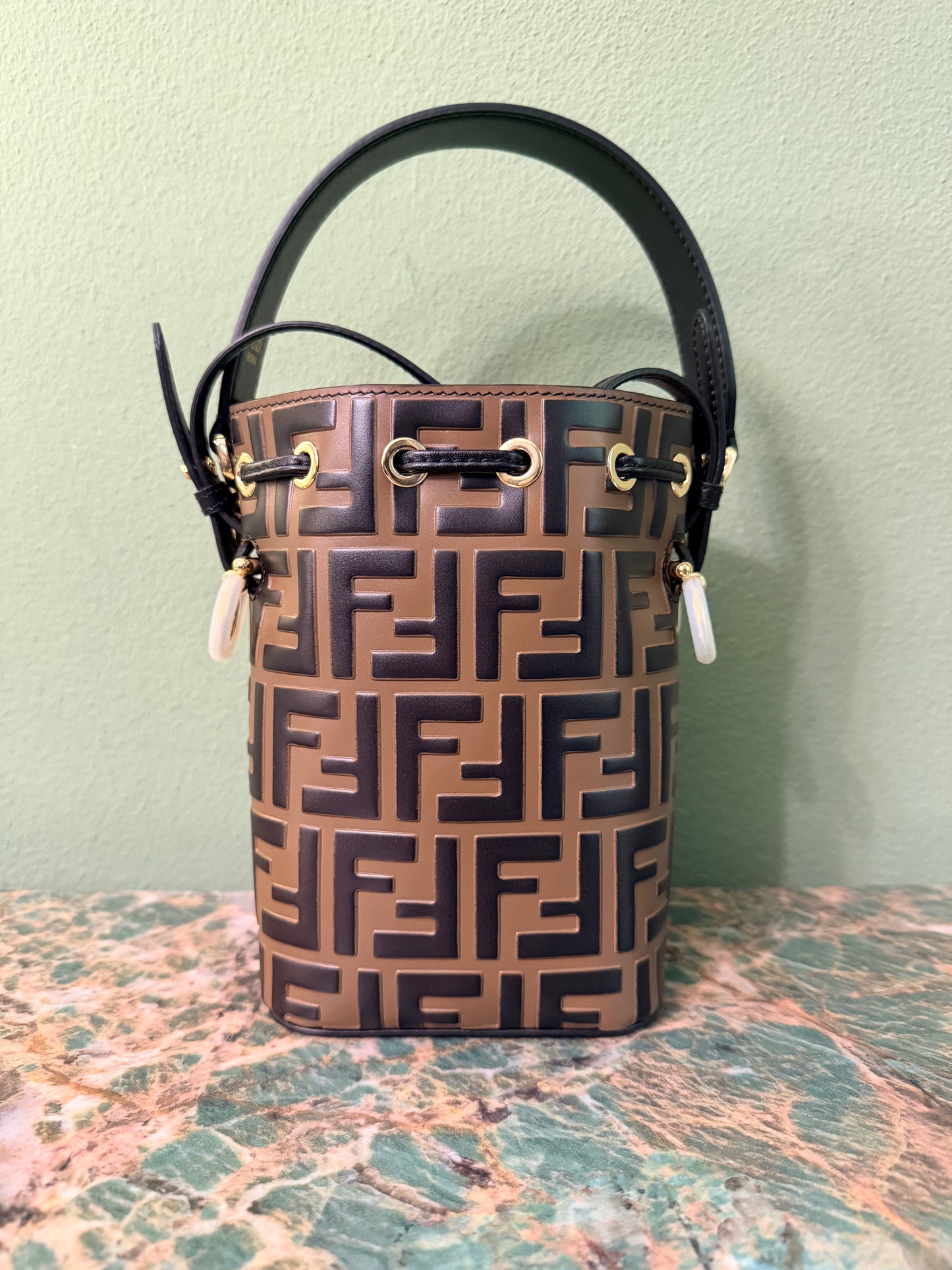 FENDI LEATHER MONOGRAM MON TRESOR BUCKET BAG