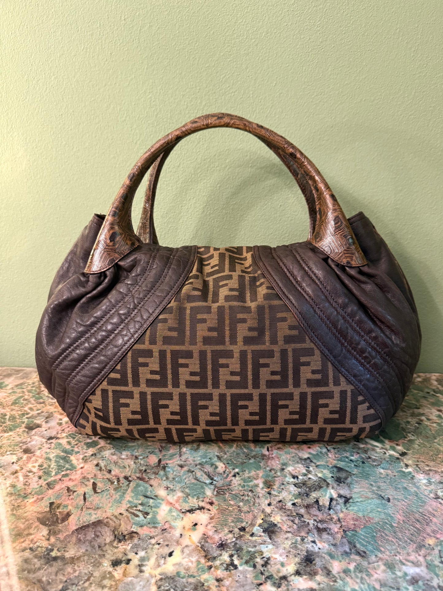 FENDI BROWN ZUCCA LARGE SPY HANDBAG