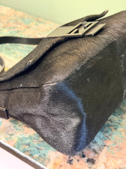 FENDI BLACK PONYHAIR MAMA BAGUETTE SHOULDER BAG