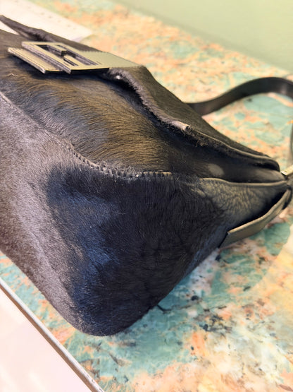 FENDI BLACK PONYHAIR MAMA BAGUETTE SHOULDER BAG