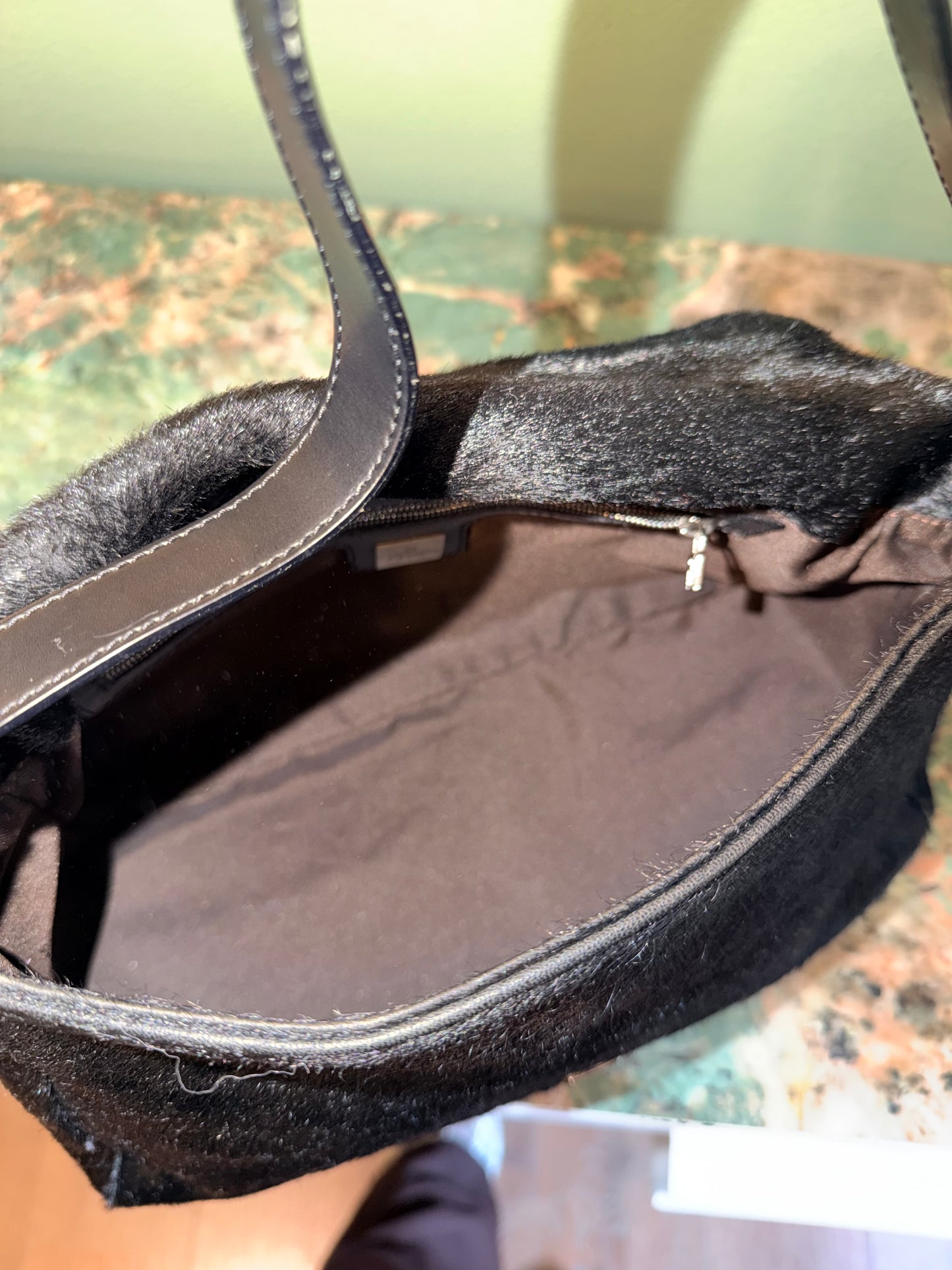 FENDI BLACK PONYHAIR MAMA BAGUETTE SHOULDER BAG