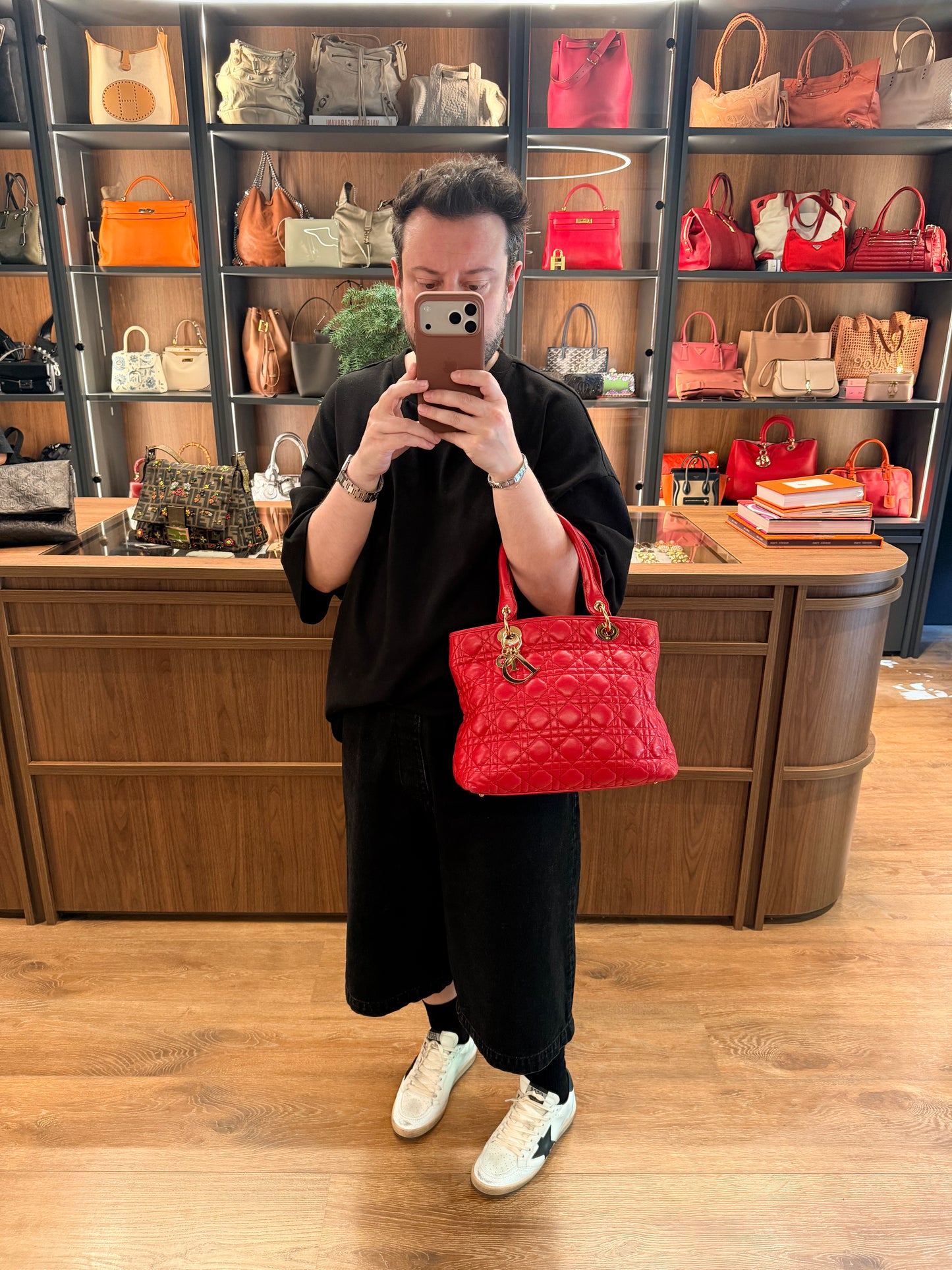 DIOR RED CANNAGE SMALL LADY DIOR SHOPPING TOTE