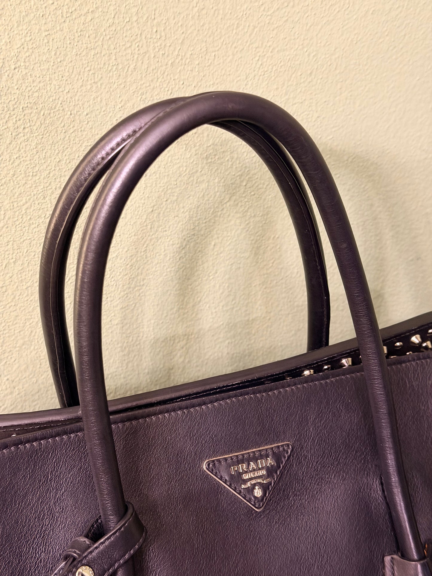 PRADA BLACK STUDDED TWO WAY HANDBAG