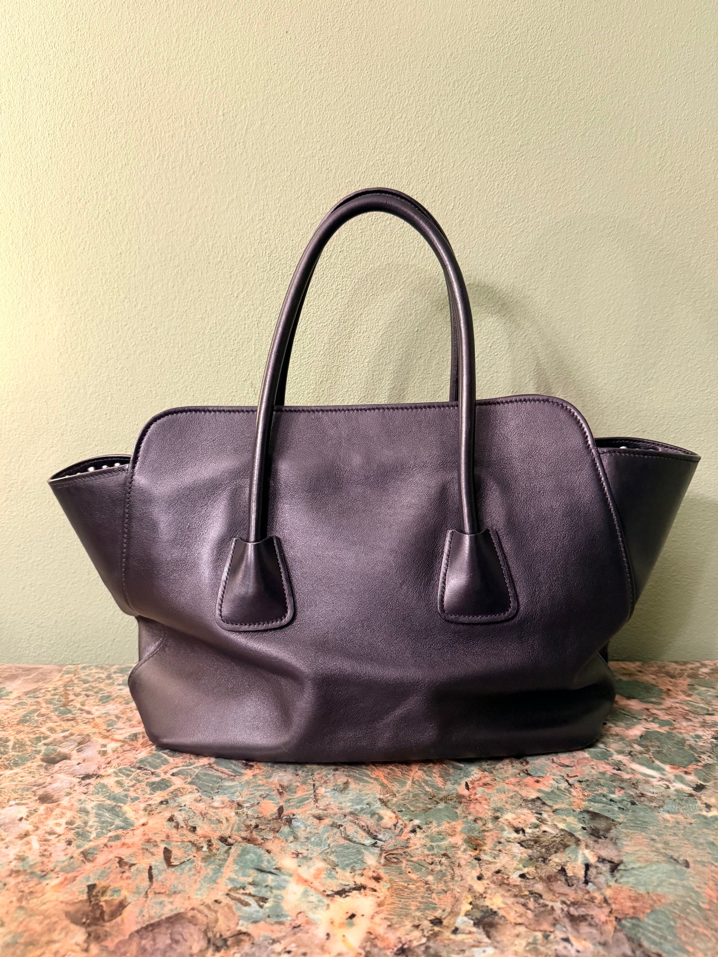 PRADA BLACK STUDDED TWO WAY HANDBAG