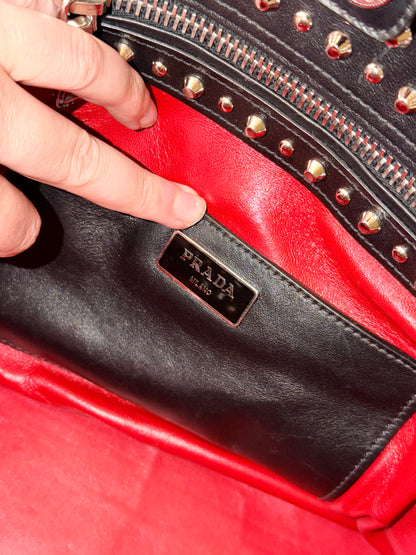 PRADA BLACK STUDDED TWO WAY HANDBAG