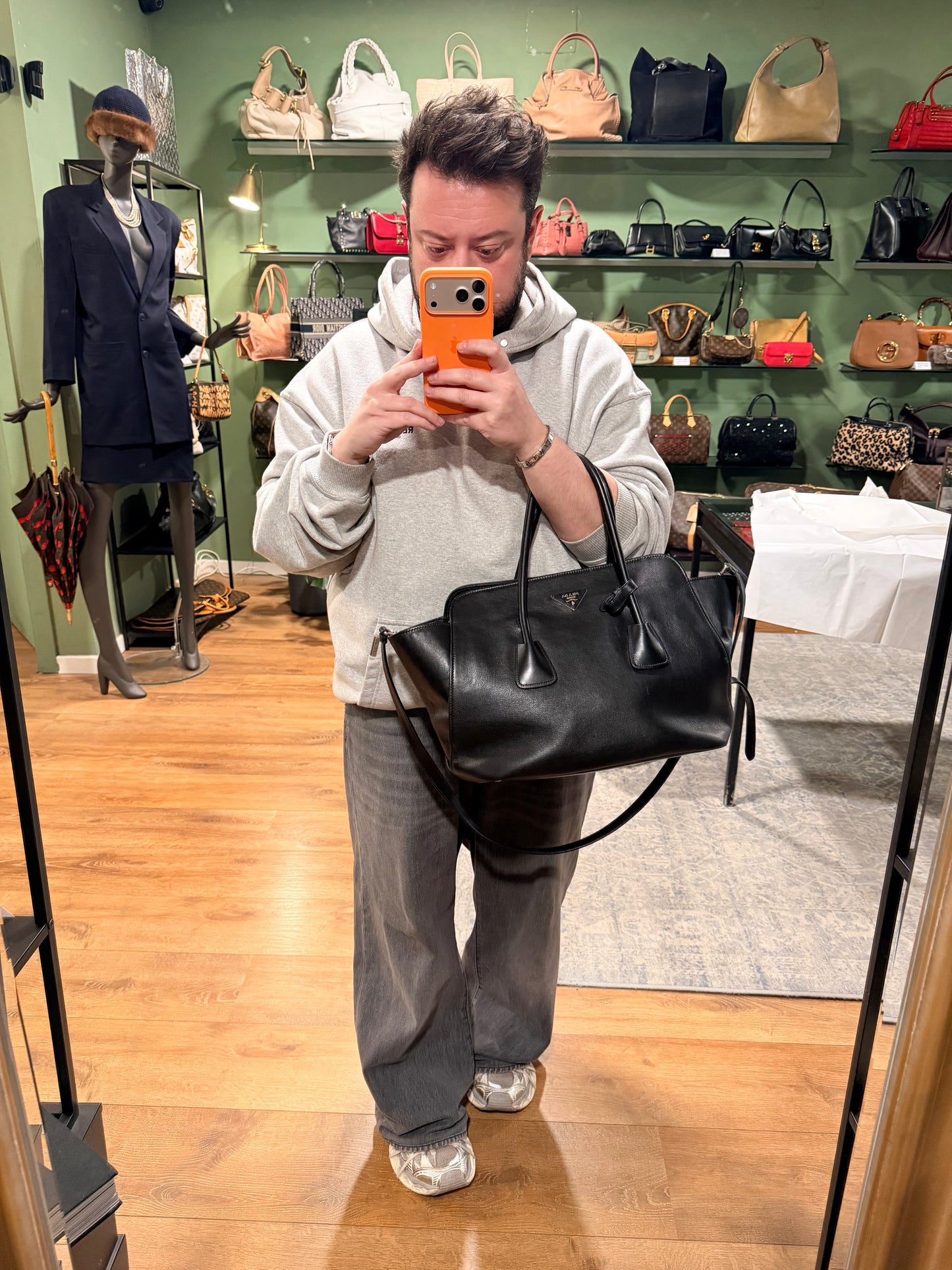 PRADA BLACK STUDDED TWO WAY HANDBAG