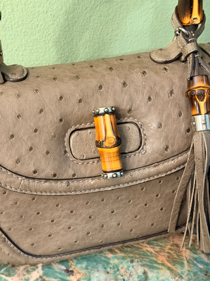 GUCCI GREEN OSTRICH MEDIUM BAMBOO TOP HANDLE BAG