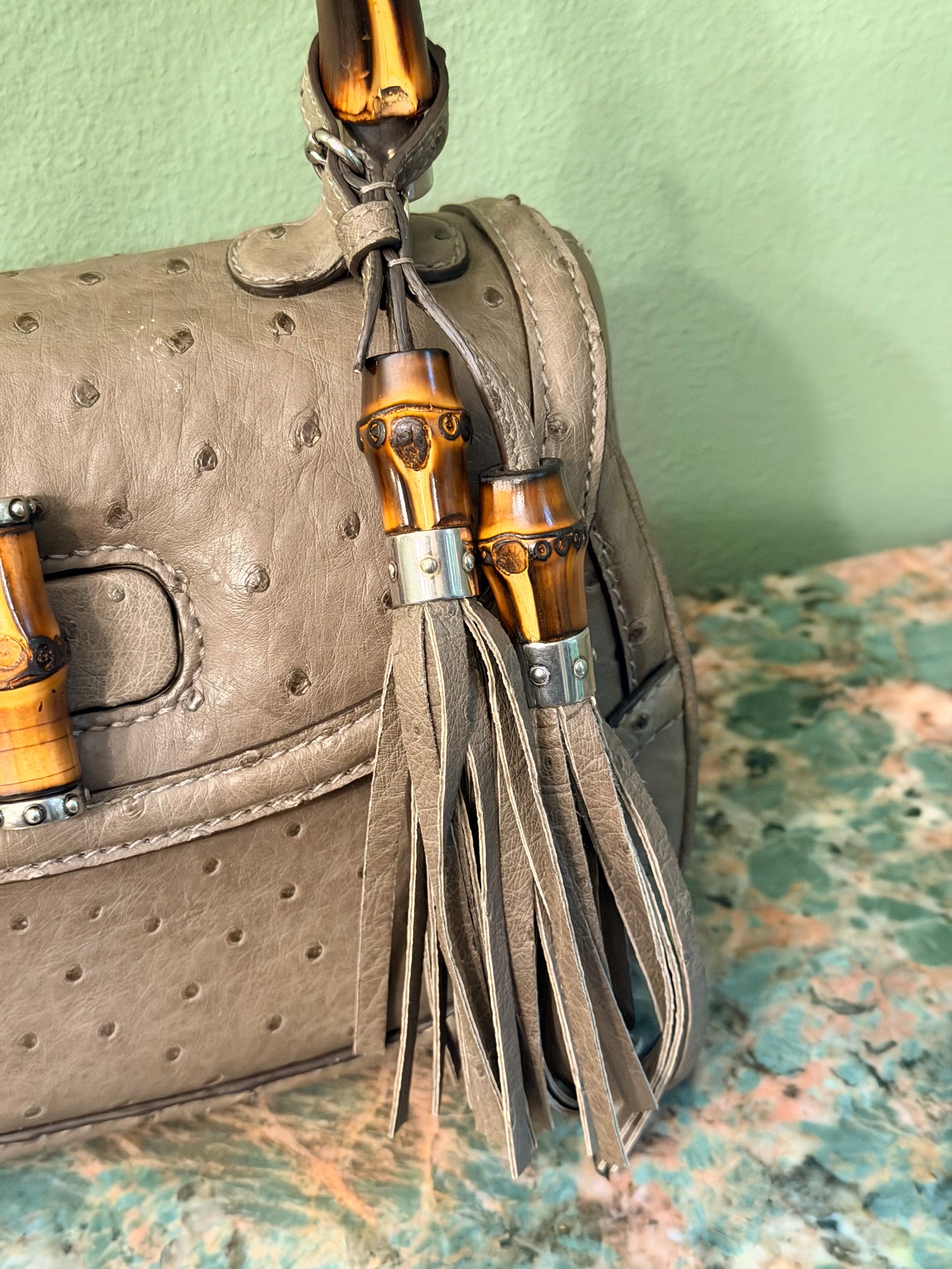 GUCCI GREEN OSTRICH MEDIUM BAMBOO TOP HANDLE BAG