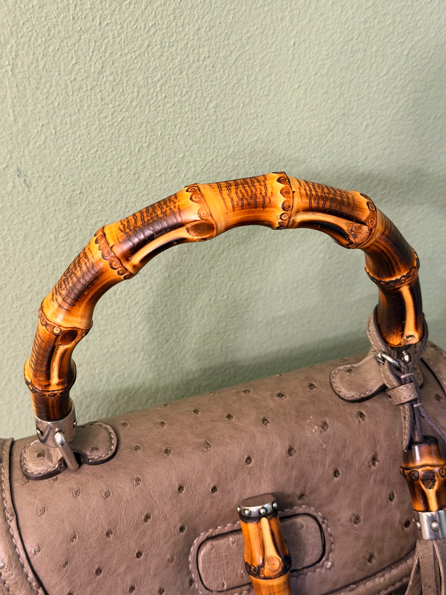 GUCCI GREEN OSTRICH MEDIUM BAMBOO TOP HANDLE BAG
