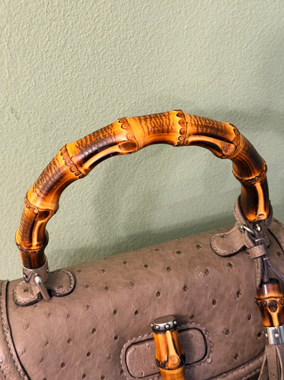 GUCCI GREEN OSTRICH MEDIUM BAMBOO TOP HANDLE BAG