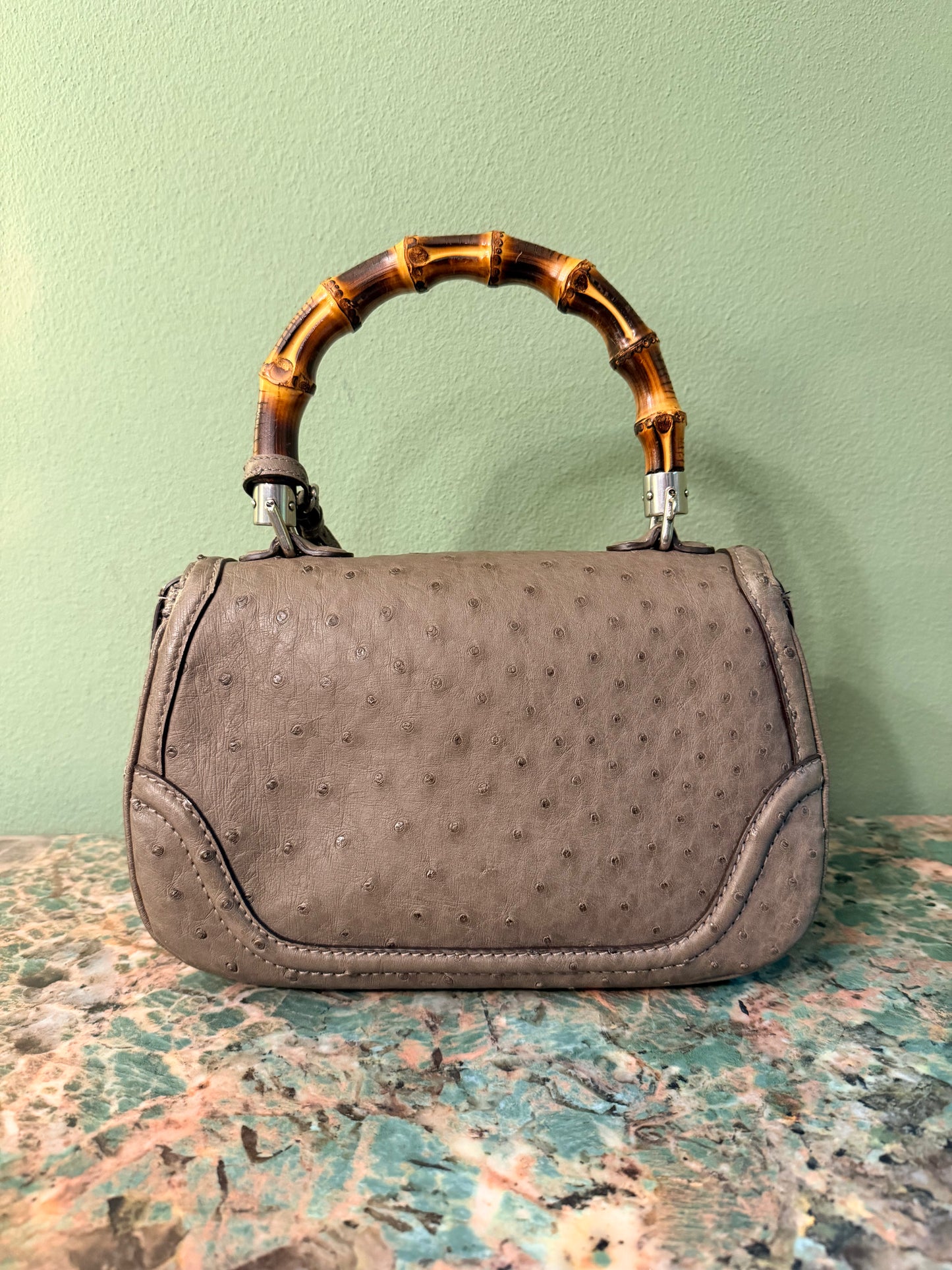 GUCCI GREEN OSTRICH MEDIUM BAMBOO TOP HANDLE BAG