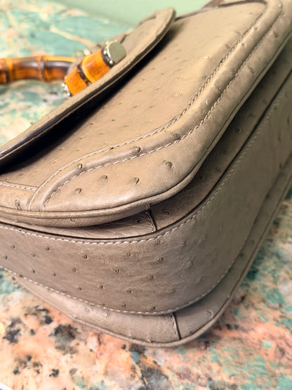 GUCCI GREEN OSTRICH MEDIUM BAMBOO TOP HANDLE BAG