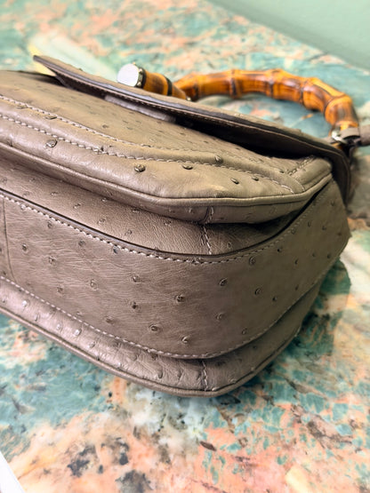 GUCCI GREEN OSTRICH MEDIUM BAMBOO TOP HANDLE BAG