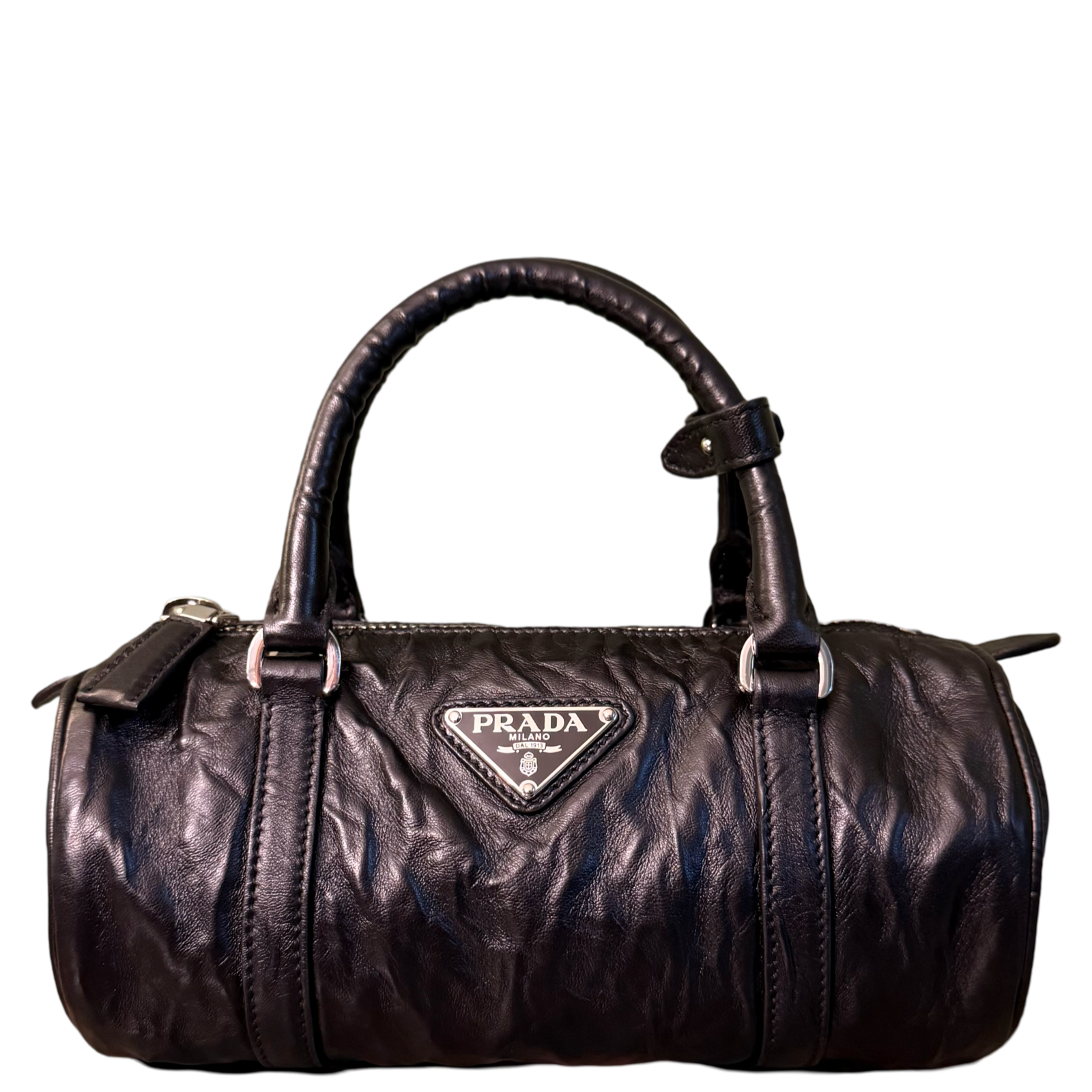 PRADA BLACK DISTRESSED NAPPA SMALL ANTIQUE HANDBAG