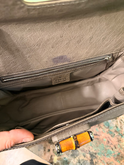 GUCCI GREEN OSTRICH MEDIUM BAMBOO TOP HANDLE BAG