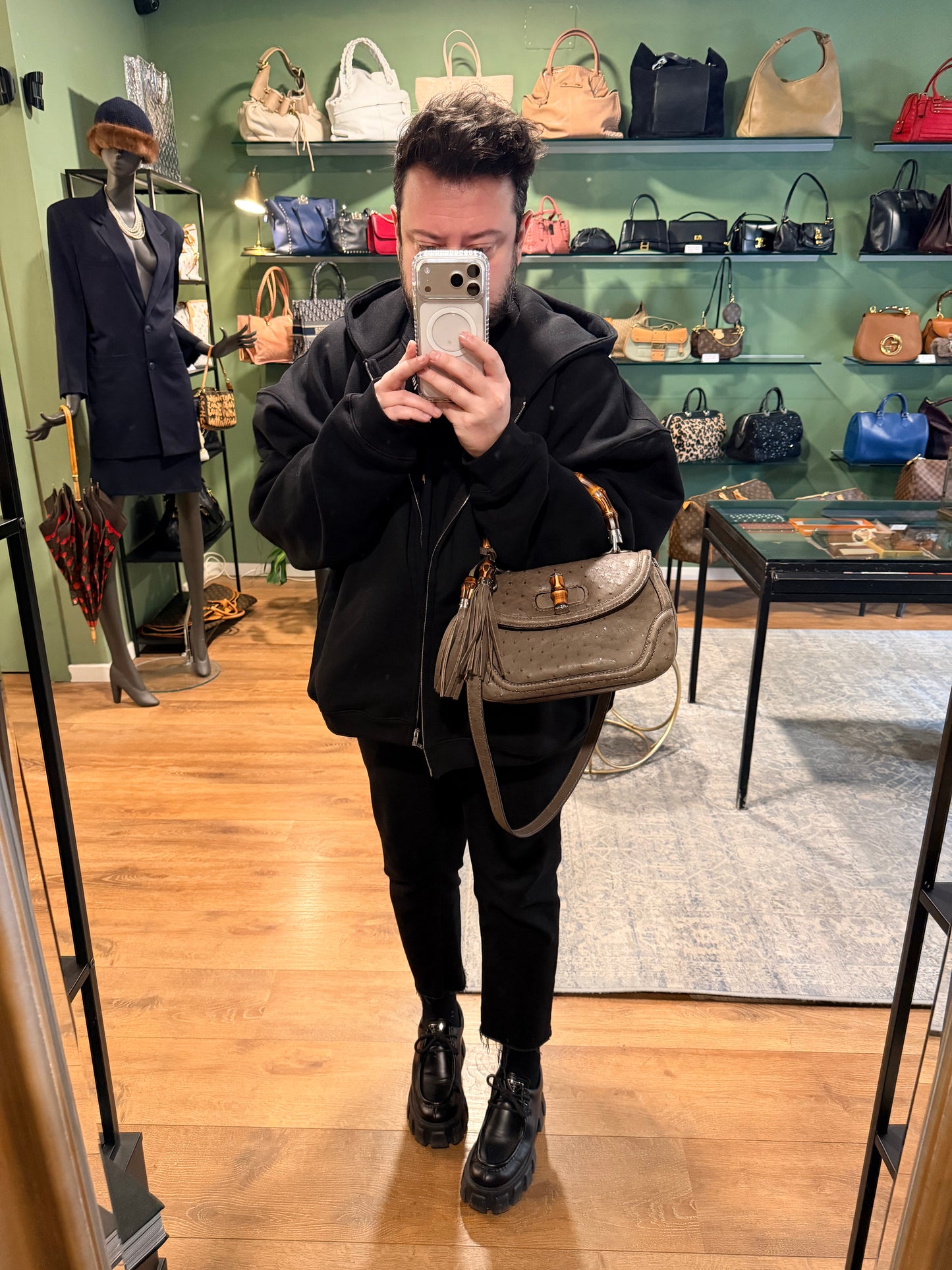 GUCCI GREEN OSTRICH MEDIUM BAMBOO TOP HANDLE BAG