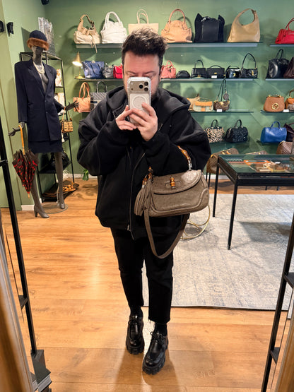 GUCCI GREEN OSTRICH MEDIUM BAMBOO TOP HANDLE BAG