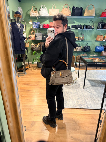 GUCCI GREEN OSTRICH MEDIUM BAMBOO TOP HANDLE BAG