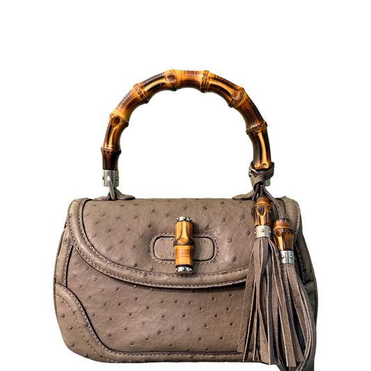 GUCCI GREEN OSTRICH MEDIUM BAMBOO TOP HANDLE BAG