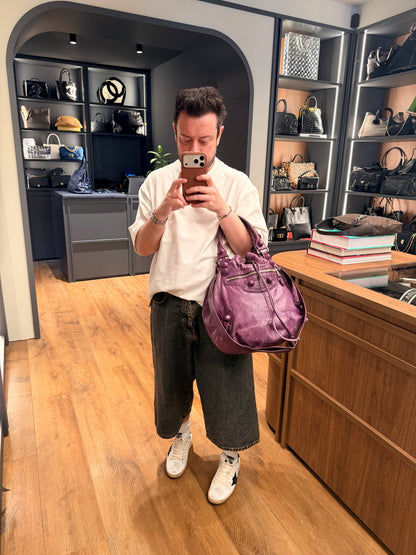 BALENCIAGA PURPLE LARGE POMPON BUCKET BAG
