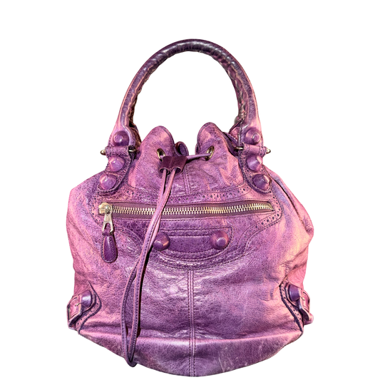 BALENCIAGA PURPLE LARGE POMPON BUCKET BAG