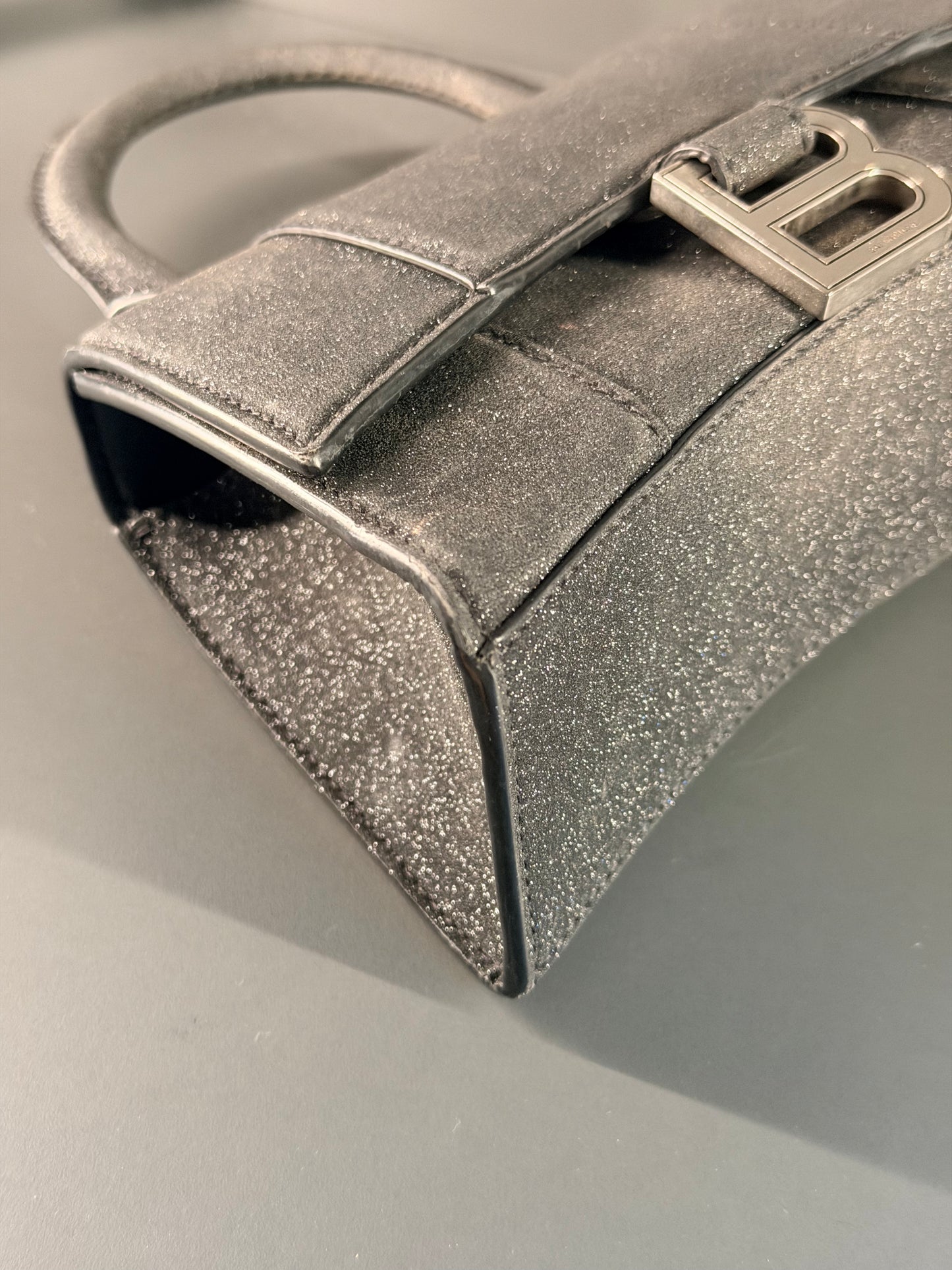 BALENCIAGA GREY GLITTER FABRIC HOURGLASS XS CROSSBODY BAG