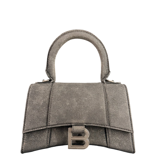 BALENCIAGA GREY GLITTER FABRIC HOURGLASS XS CROSSBODY BAG