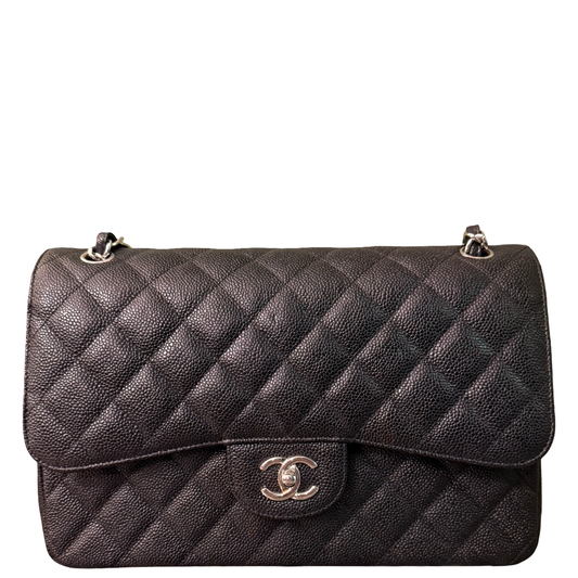 CHANEL BLACK CAVIAR JUMBO CLASSIC DOUBLE FLAP TIMELESS SHOULDER BAG