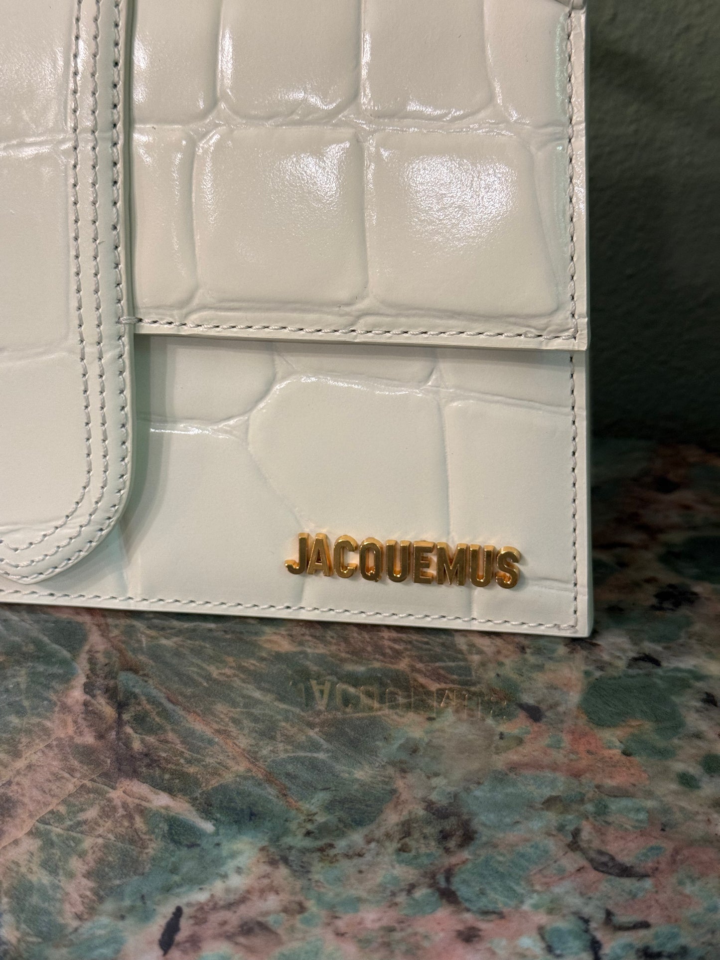 JAQUEMUS WHITE EMBOSSED CROCODILE LE GRAND BAMBINO CROSSBODY BAG