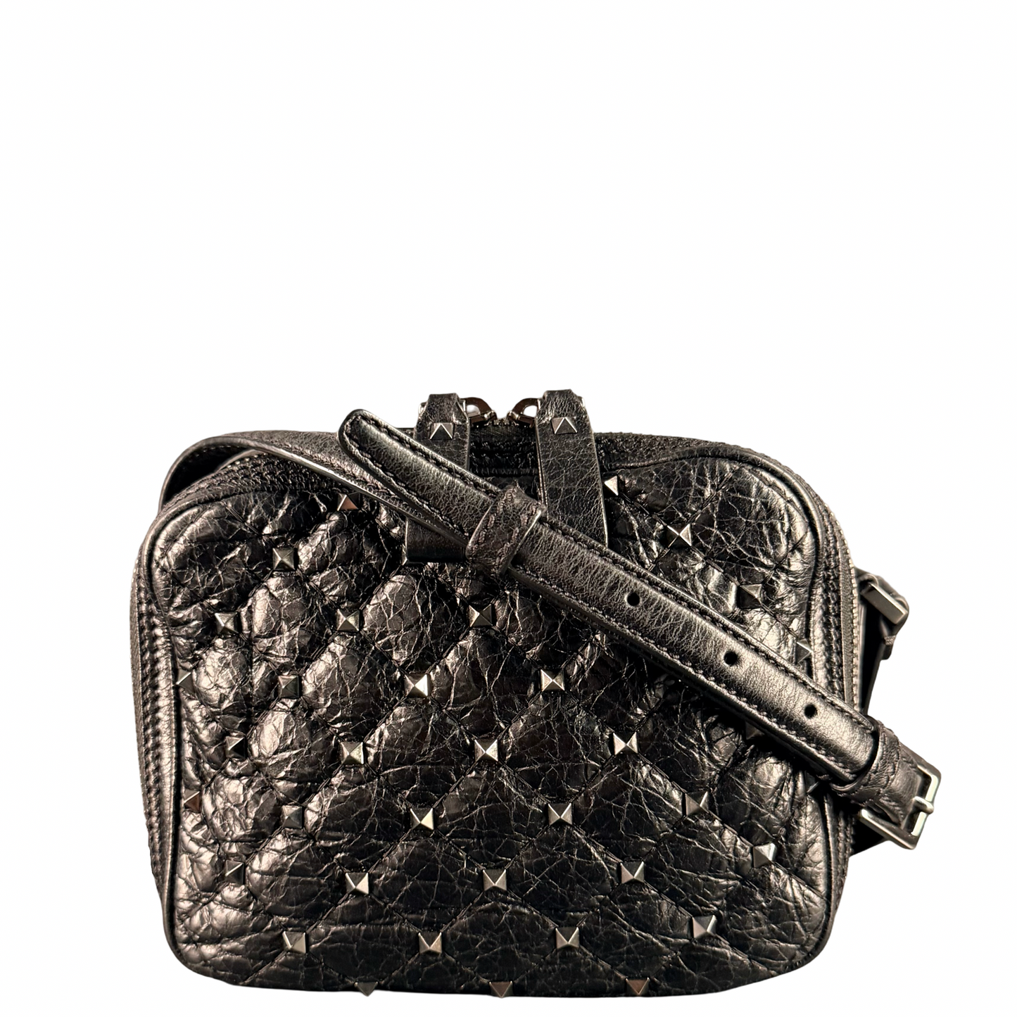 VALENTINO BLACK SPIKE SMALL CAMERA CROSSBODY BAG