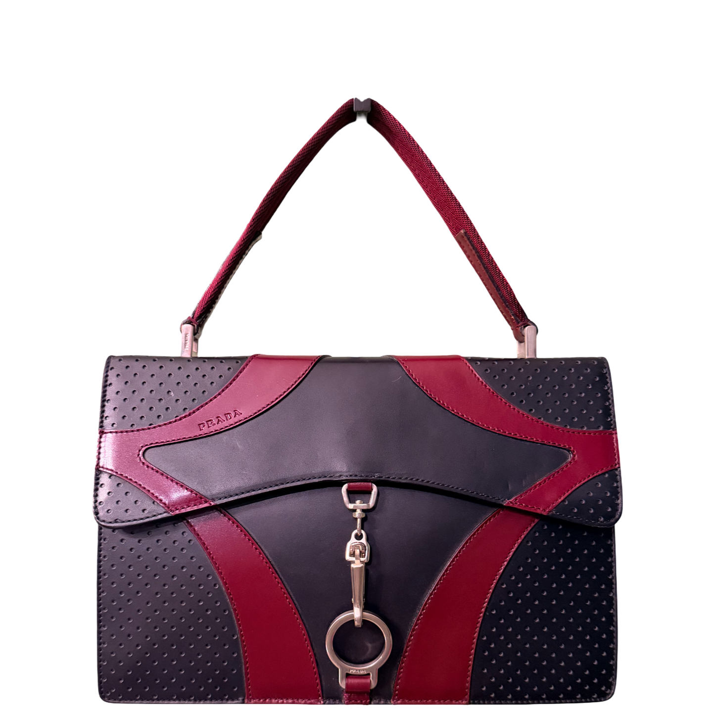 PRADA BLACK AND BURGUNDY DRIVE TOP HANDLE BAG