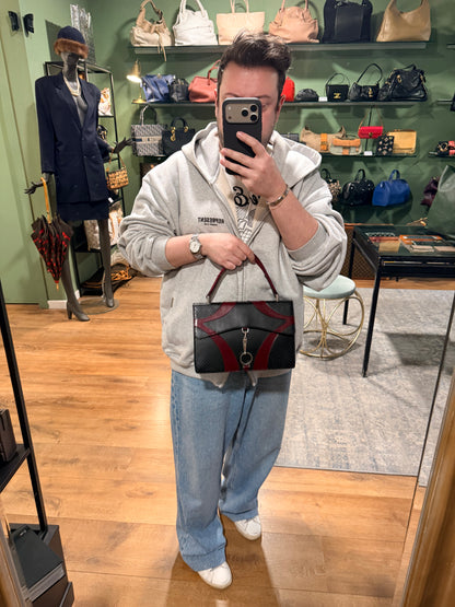 PRADA BLACK AND BURGUNDY DRIVE TOP HANDLE BAG