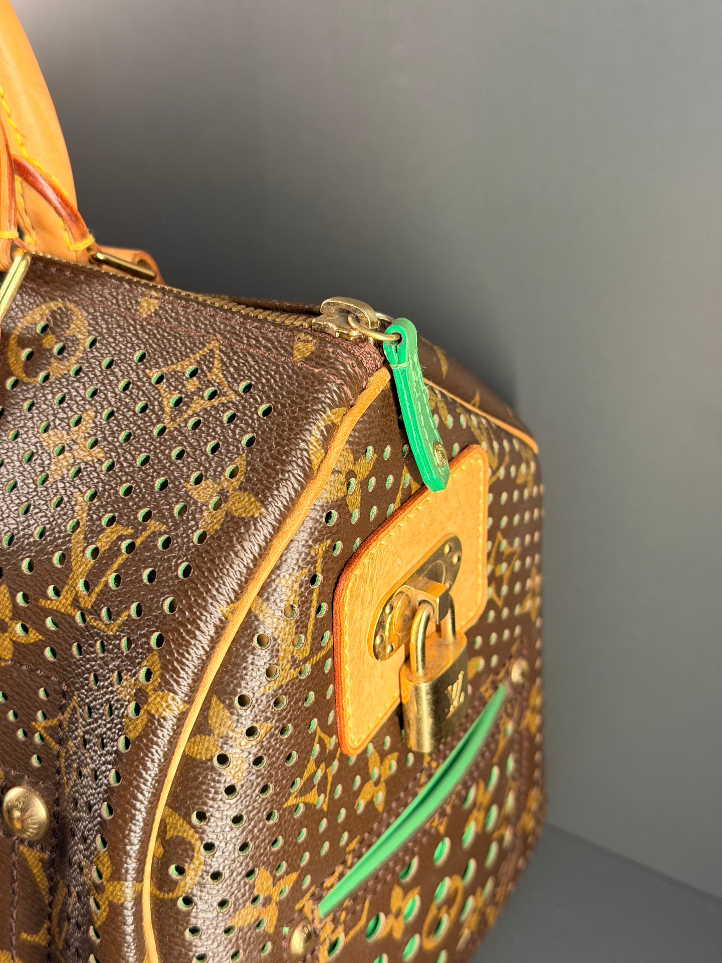 LOUIS VUITTON GREEN PERFORATED MONOGRAM SPEEDY 30 BOSTON BAG