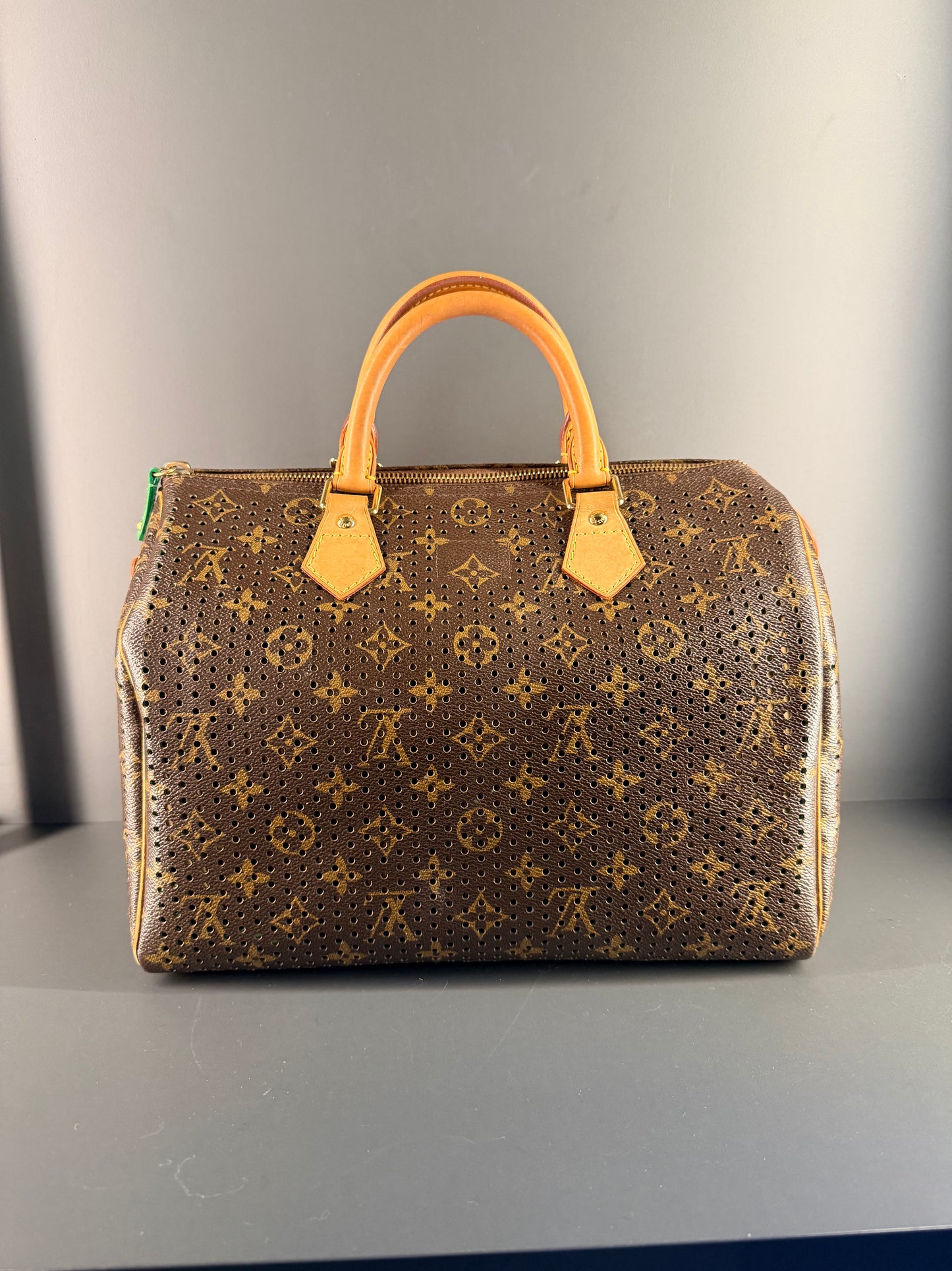 LOUIS VUITTON GREEN PERFORATED MONOGRAM SPEEDY 30 BOSTON BAG