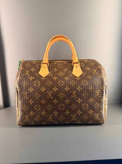 LOUIS VUITTON GREEN PERFORATED MONOGRAM SPEEDY 30 BOSTON BAG