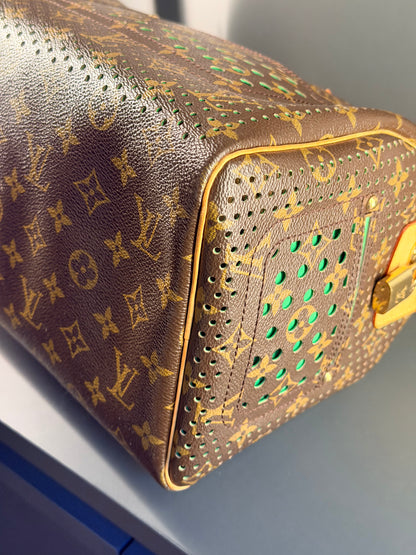 LOUIS VUITTON GREEN PERFORATED MONOGRAM SPEEDY 30 BOSTON BAG