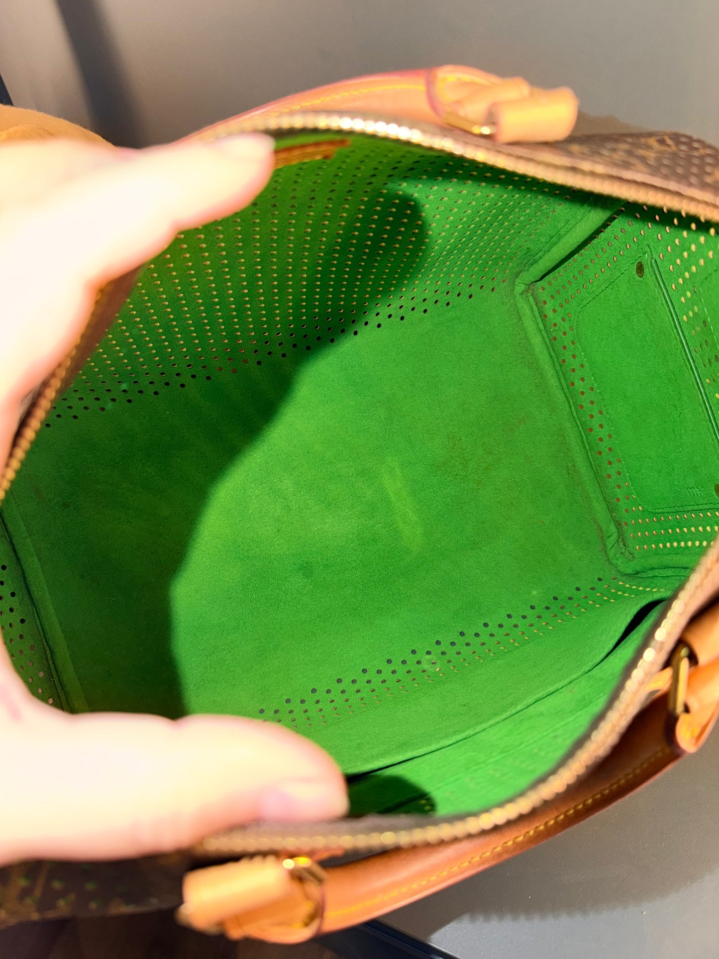 LOUIS VUITTON GREEN PERFORATED MONOGRAM SPEEDY 30 BOSTON BAG
