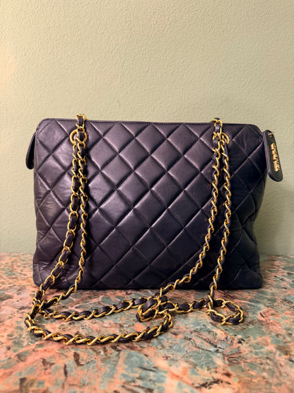 CHANEL BLACK LAMBSKIN QUILTED SHOPPING TOTE
