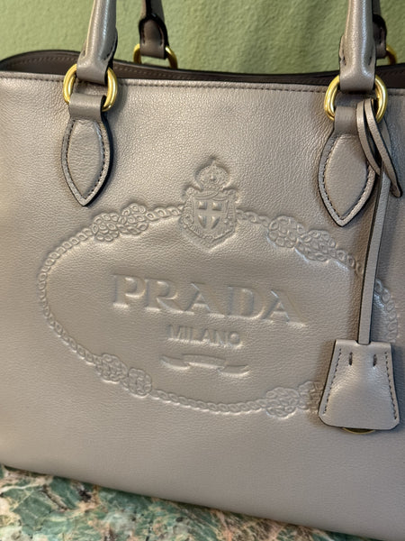 PRADA GRAY LOGO FRAME MEDIUM TWO WAY HANDBAG