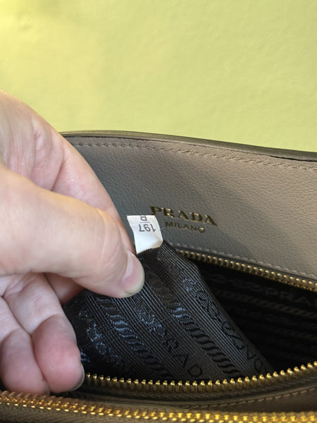 PRADA GRAY LOGO FRAME MEDIUM TWO WAY HANDBAG