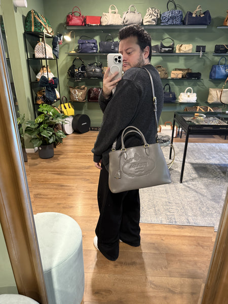 PRADA GRAY LOGO FRAME MEDIUM TWO WAY HANDBAG