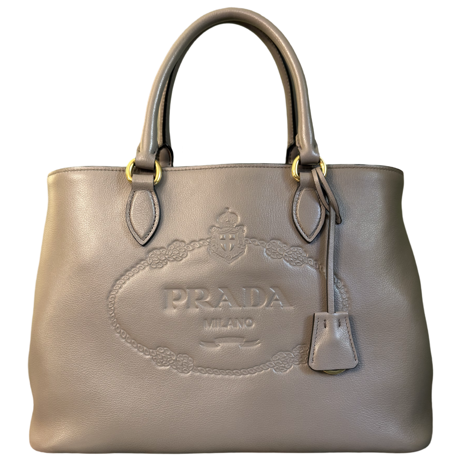 PRADA GRAY LOGO FRAME MEDIUM TWO WAY HANDBAG