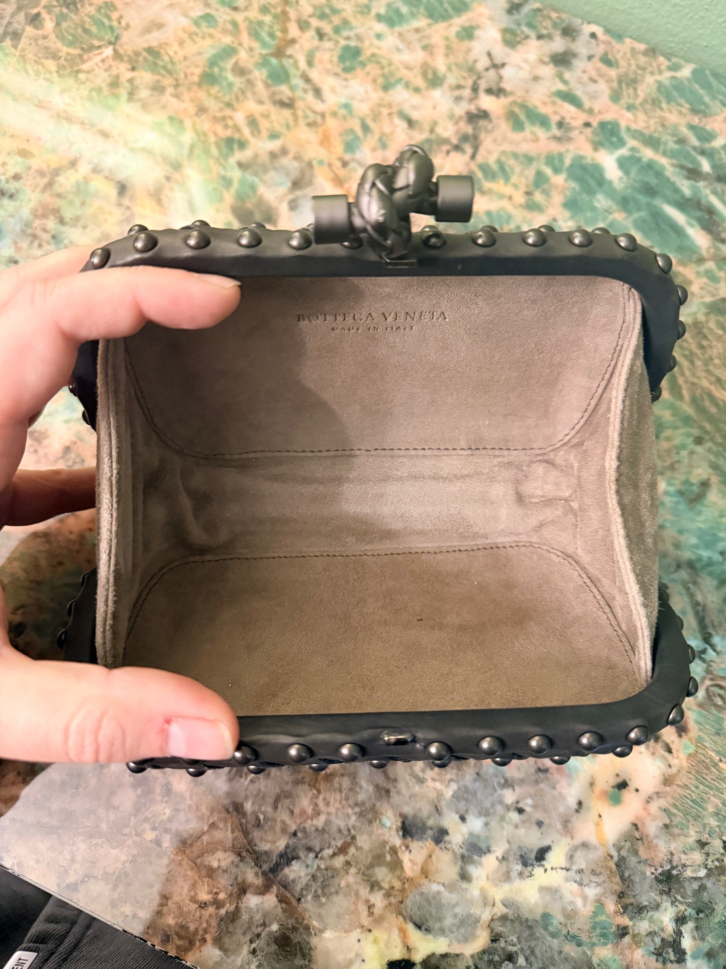 BOTTEGA VENETA GRAY STUDDED KNOT CLUTCH