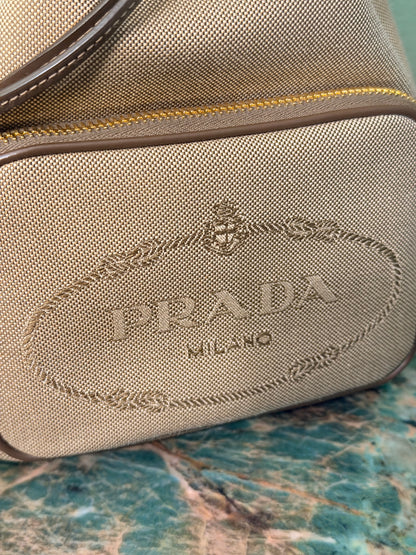 PRADA BROWN LOGO SMALL BUCKET TOP HANDLE CROSSBODY BAG