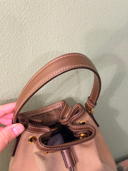PRADA BROWN LOGO SMALL BUCKET TOP HANDLE CROSSBODY BAG