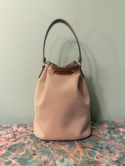 PRADA BROWN LOGO SMALL BUCKET TOP HANDLE CROSSBODY BAG