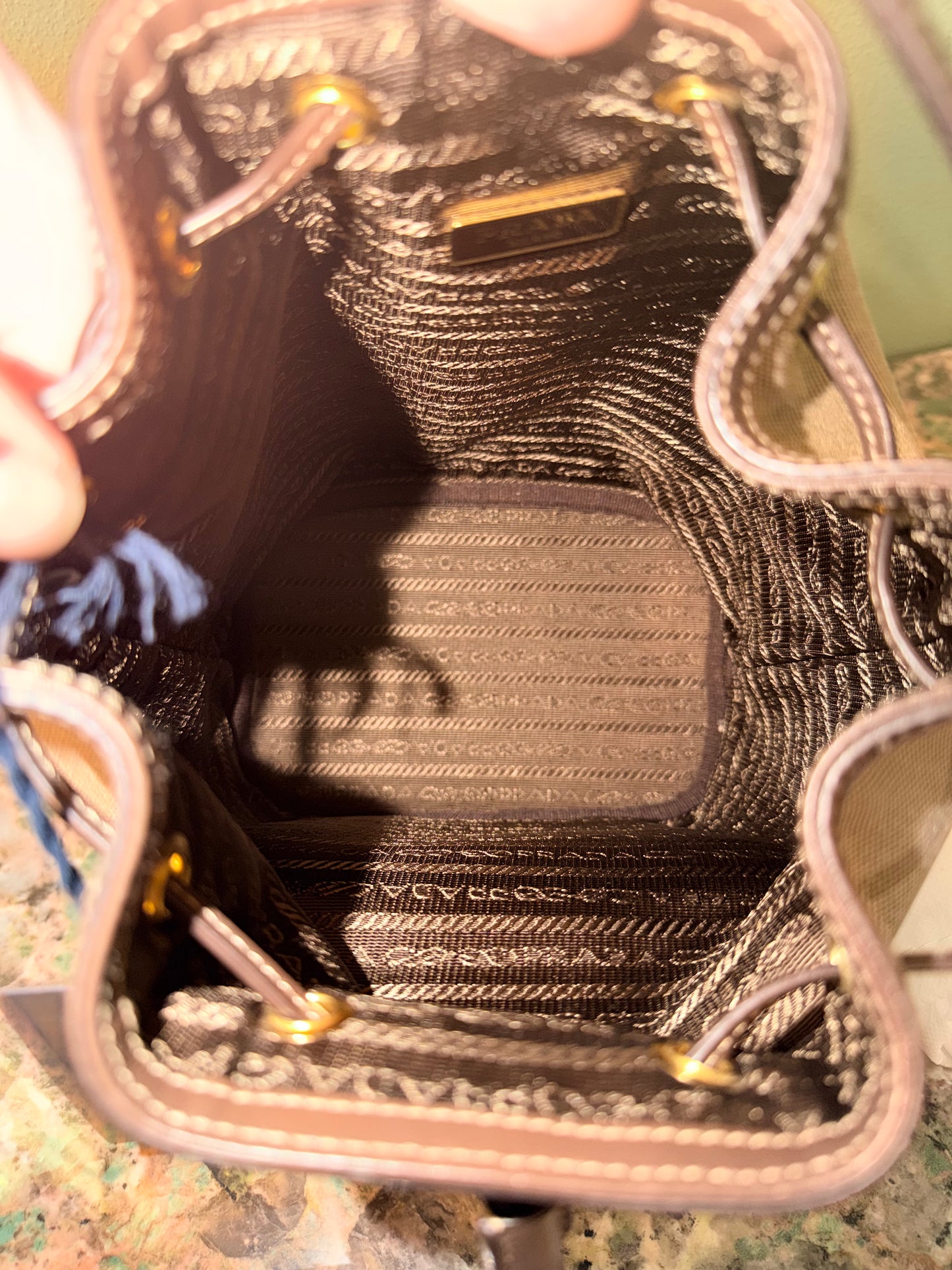 PRADA BROWN LOGO SMALL BUCKET TOP HANDLE CROSSBODY BAG