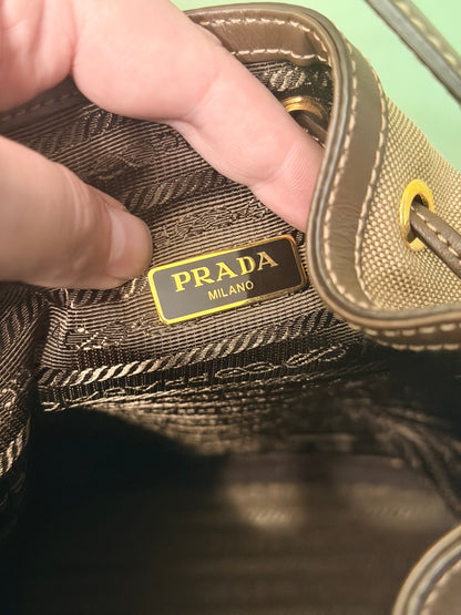 PRADA BROWN LOGO SMALL BUCKET TOP HANDLE CROSSBODY BAG