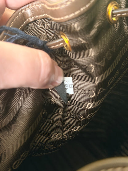 PRADA BROWN LOGO SMALL BUCKET TOP HANDLE CROSSBODY BAG